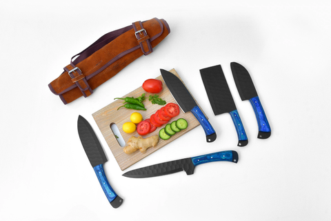 Blue Handle Carbon Steel Chef Set w/suede case